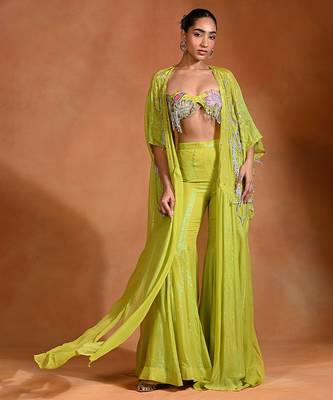 Lime green embroidered crepe organza co ord set 3
