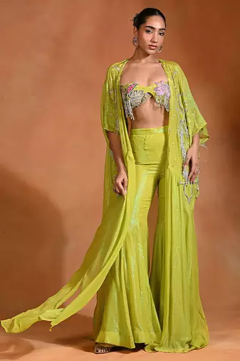 Lime green embroidered crepe organza co ord set