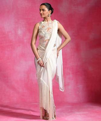 Ivory embroidered lycra net draped saree set 1