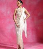 Ivory embroidered lycra net draped saree set