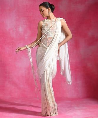 Ivory embroidered lycra net draped saree set 2