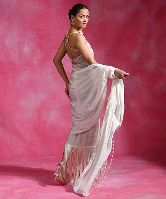 Ivory embroidered lycra net draped saree set 4