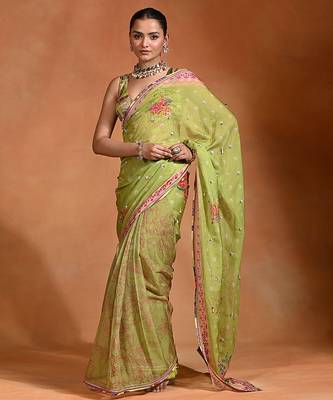 Lime green embroidered floral organza saree set 1