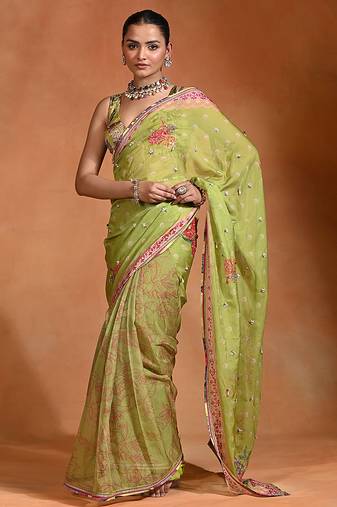 Lime green embroidered floral organza saree set