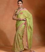 Lime green embroidered floral organza saree set