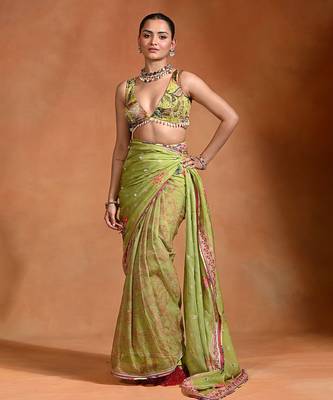 Lime green embroidered floral organza saree set 2