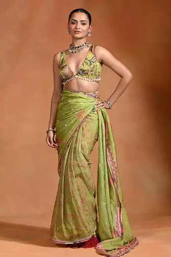 Lime green embroidered floral organza saree set