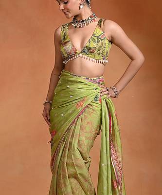 Lime green embroidered floral organza saree set 3