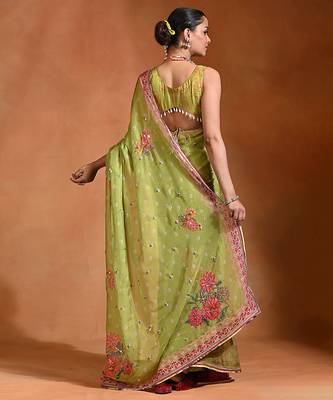 Lime green embroidered floral organza saree set 4