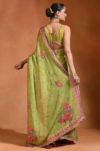 Lime green embroidered floral organza saree set
