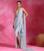 Ice blue embroidered crepe corset saree set