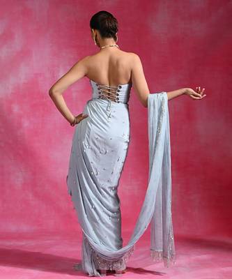Ice blue embroidered crepe corset saree set 2