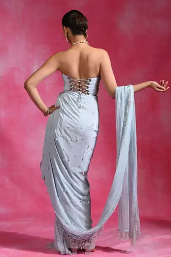 Ice blue embroidered crepe corset saree set