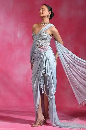 Ice blue embroidered crepe corset saree set