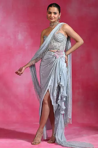 Ice blue embroidered crepe corset saree set