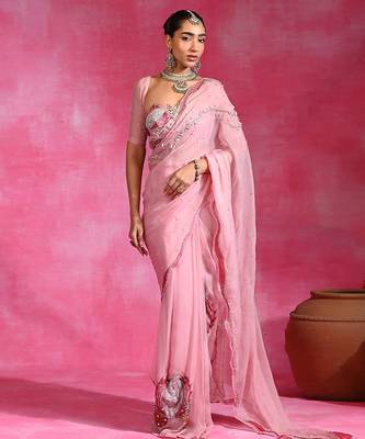 Sugar pink embroidered organza saree set 1