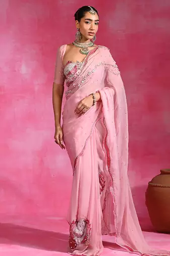 Sugar pink embroidered organza saree set