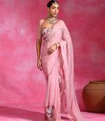 Sugar pink embroidered organza saree set