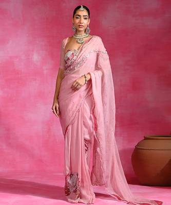 Sugar pink embroidered organza saree set 2