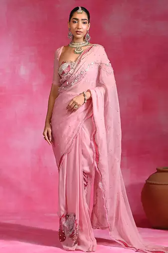 Sugar pink embroidered organza saree set