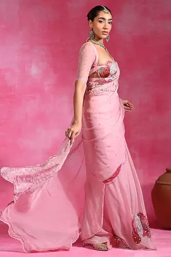 Sugar pink embroidered organza saree set