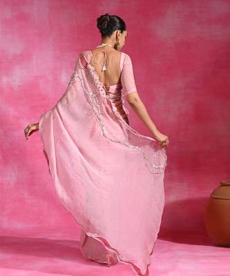 Sugar pink embroidered organza saree set 4