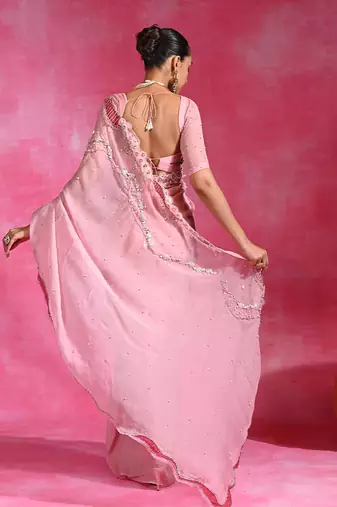 Sugar pink embroidered organza saree set