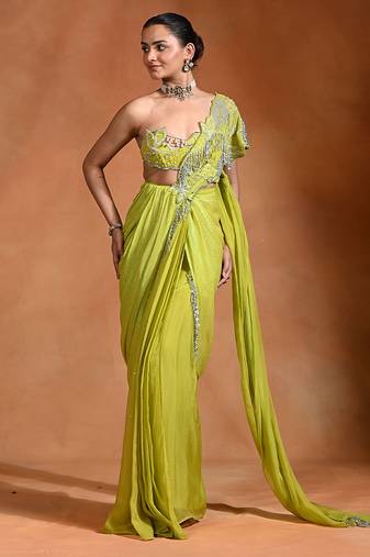 Lime green embroidered organza georgette saree set
