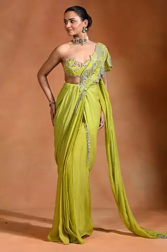 Lime green embroidered organza georgette saree set