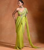 Lime green embroidered organza georgette saree set