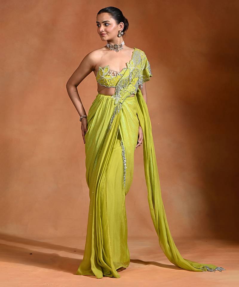 Lime green embroidered organza georgette saree set
