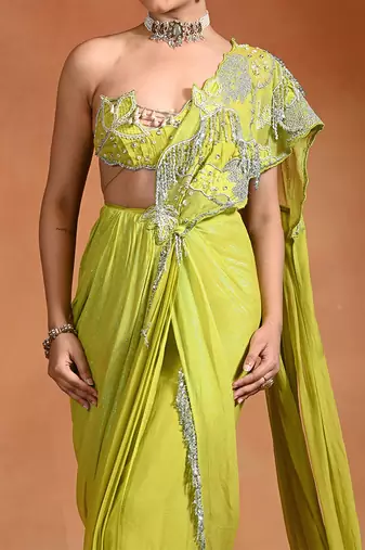 Lime green embroidered organza georgette saree set
