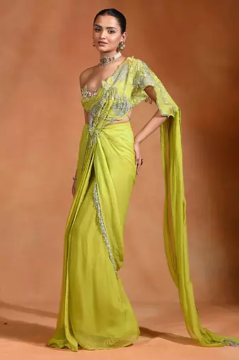 Lime green embroidered organza georgette saree set