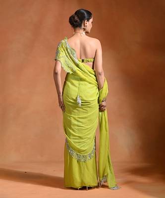 Lime green embroidered organza georgette saree set 4
