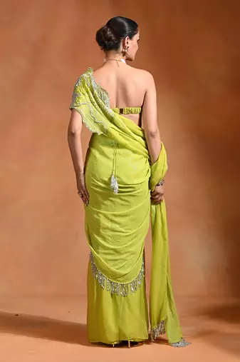 Lime green embroidered organza georgette saree set