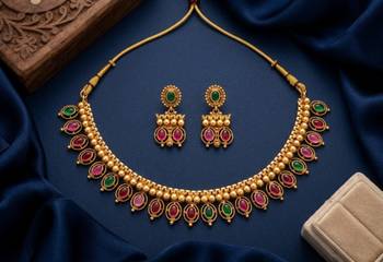 Antique gold matte temple jewelry set ruby green  stone choker necklace drop earrings indian wedding bridal 1