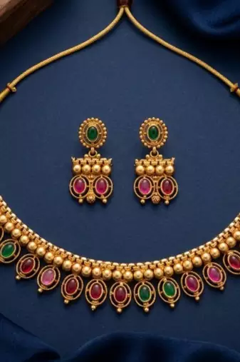 Antique gold matte temple jewelry set ruby green  stone choker necklace drop earrings indian wedding bridal