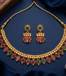 Antique gold matte temple jewelry set ruby green  stone choker necklace drop earrings indian wedding bridal