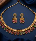 Antique gold matte temple jewelry set ruby green  stone choker necklace drop earrings indian wedding bridal