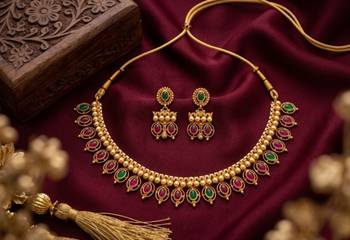 Antique gold matte temple jewelry set ruby green  stone choker necklace drop earrings indian wedding bridal 2