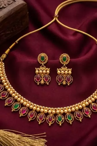 Antique gold matte temple jewelry set ruby green  stone choker necklace drop earrings indian wedding bridal