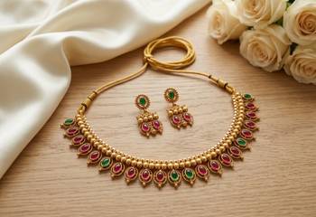 Antique gold matte temple jewelry set ruby green  stone choker necklace drop earrings indian wedding bridal 3