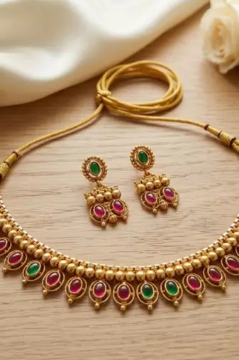 Antique gold matte temple jewelry set ruby green  stone choker necklace drop earrings indian wedding bridal