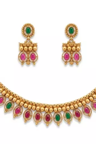 Antique gold matte temple jewelry set ruby green  stone choker necklace drop earrings indian wedding bridal