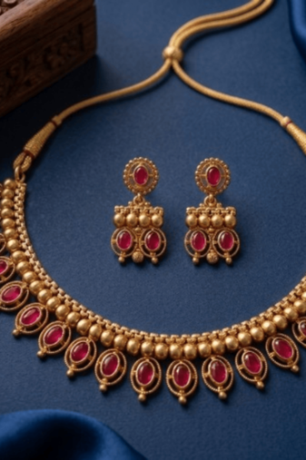 Antique gold matte temple jewelry set ruby  stone choker necklace drop earrings indian wedding bridal