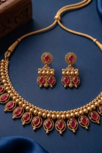 Antique gold matte temple jewelry set ruby  stone choker necklace drop earrings indian wedding bridal
