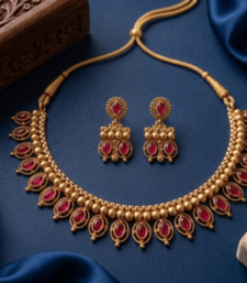 Antique gold matte temple jewelry set ruby  stone choker necklace drop earrings indian wedding bridal