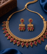 Antique gold matte temple jewelry set ruby  stone choker necklace drop earrings indian wedding bridal