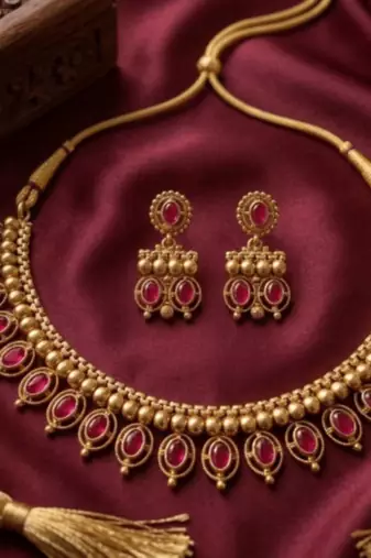 Antique gold matte temple jewelry set ruby  stone choker necklace drop earrings indian wedding bridal