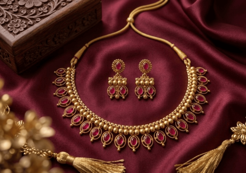 Antique gold matte temple jewelry set ruby  stone choker necklace drop earrings indian wedding bridal
